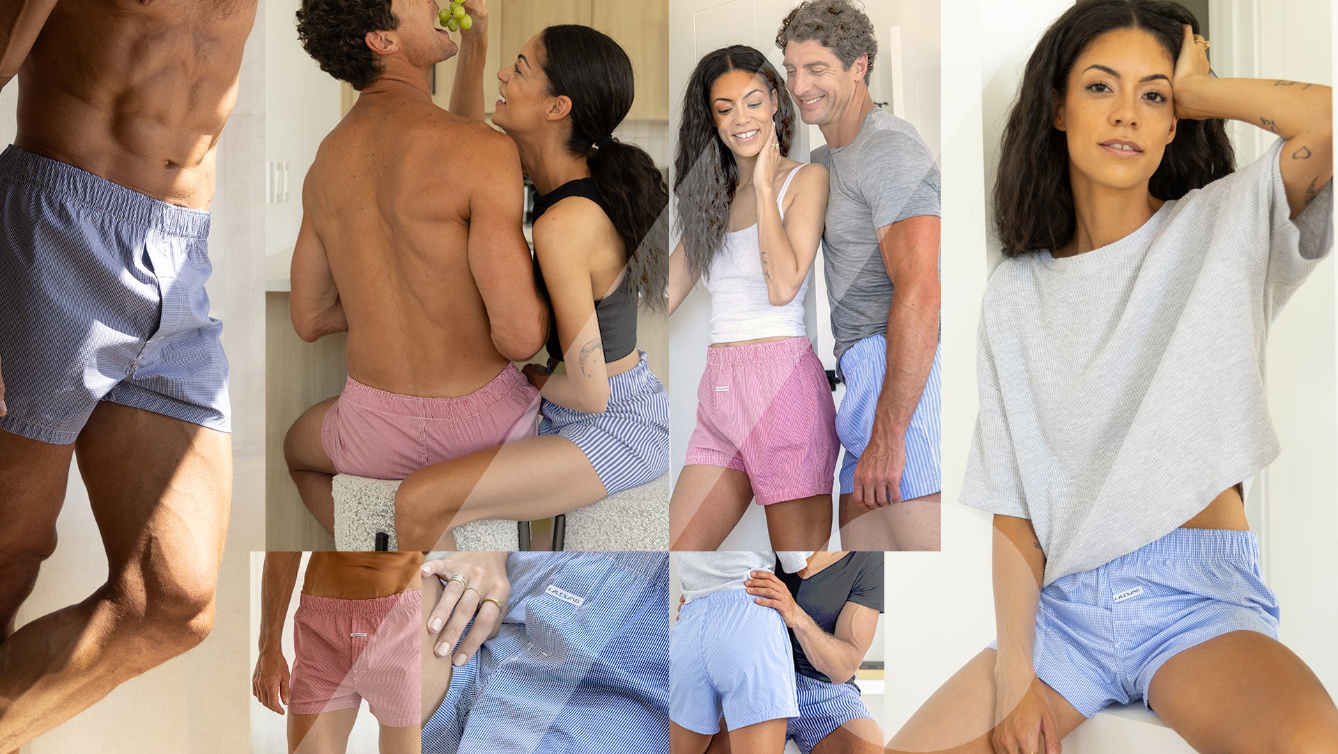 Collage of a couple, wearing men's boxers and women's boxers, in plaid and stripes.